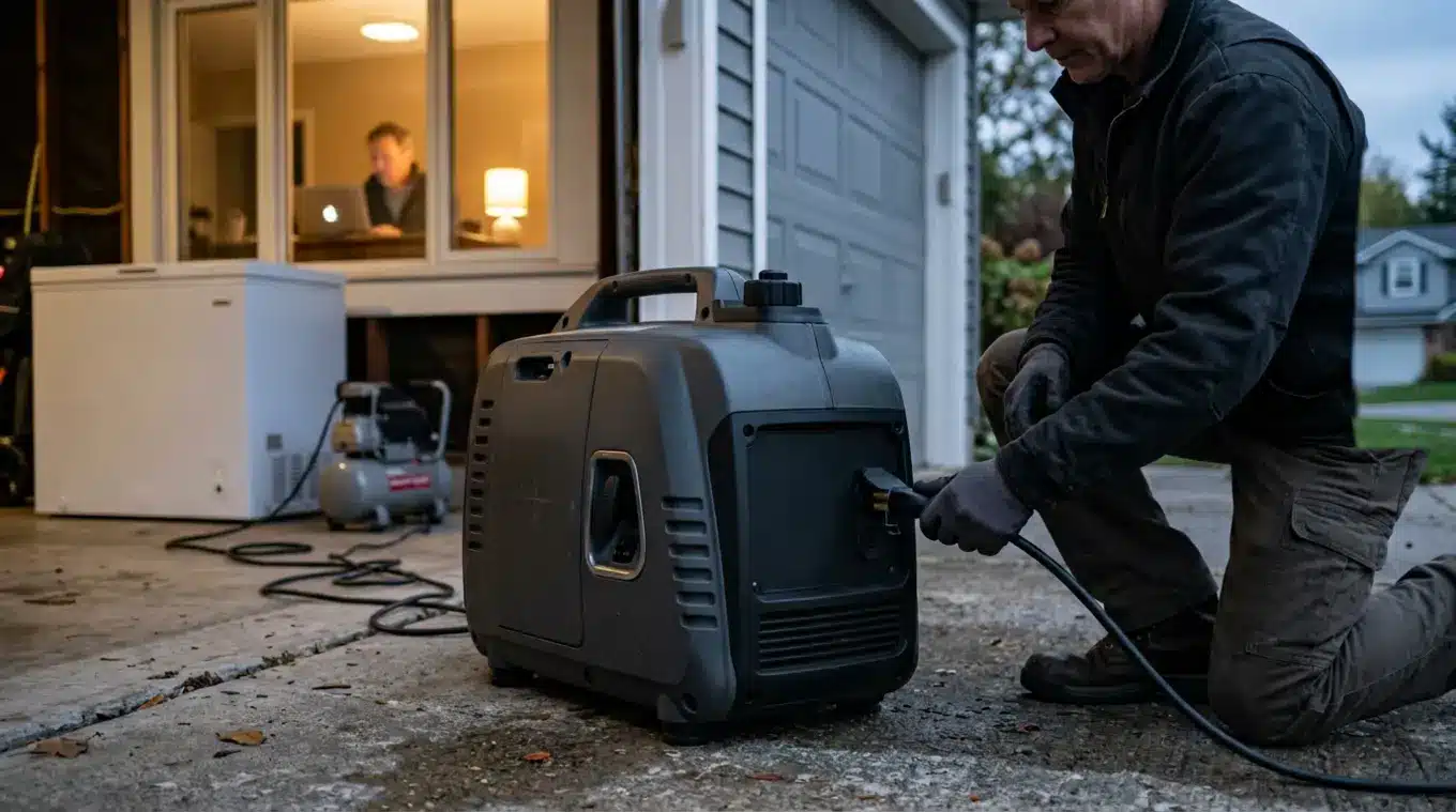 Horizontale foto van een compacte, merkloze inverter-generator op een oprit, die een vrieskist en compacte compressor voedt; een persoon steekt een stekker in terwijl in de achterg
