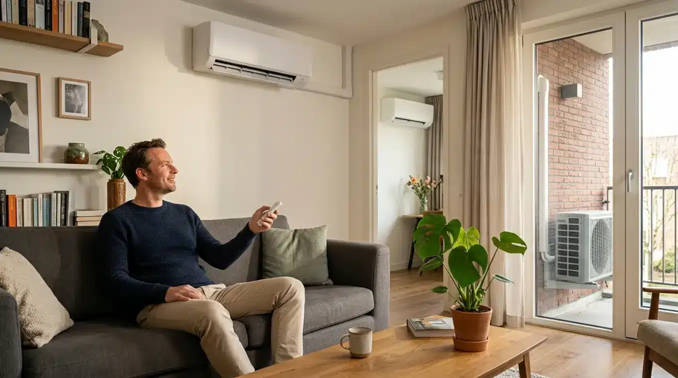 Woonkamer met muurairco boven de bank; persoon bedient de afstandsbediening, buitenunit zichtbaar op het balkon en een tweede binnenunit zichtbaar door een open deur, zonder logo's
