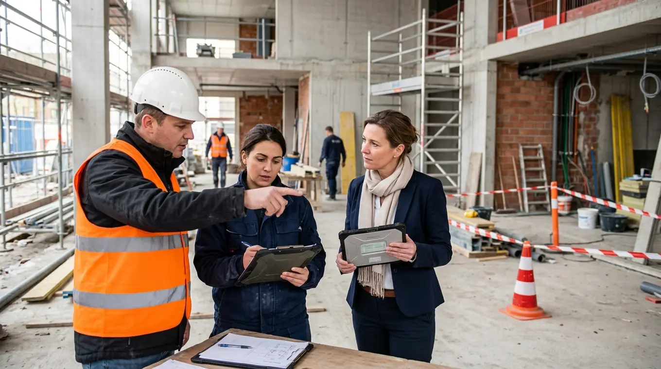 Horizontale foto van een kort bouwoverleg: aannemer, opzichter en opdrachtgever bekijken een tablet en een klemmap bij een tijdelijk afgezet deel van de bouwplaats; op de plek is r