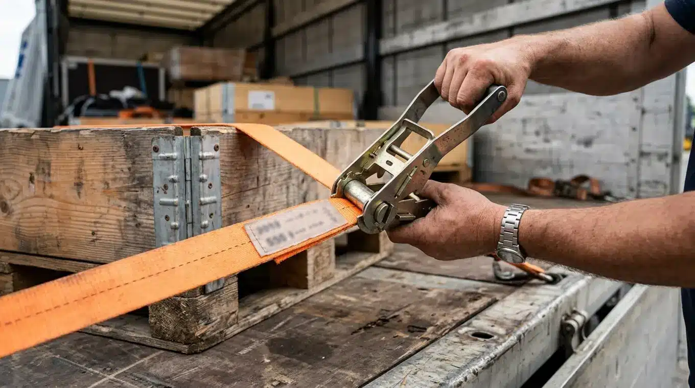 Close-up, horizontaal: handen controleren een brede polyester spanband en roestvrijstalen ratel op de laadbak van een aanhanger, band loopt over een kist; label op de band onscherp