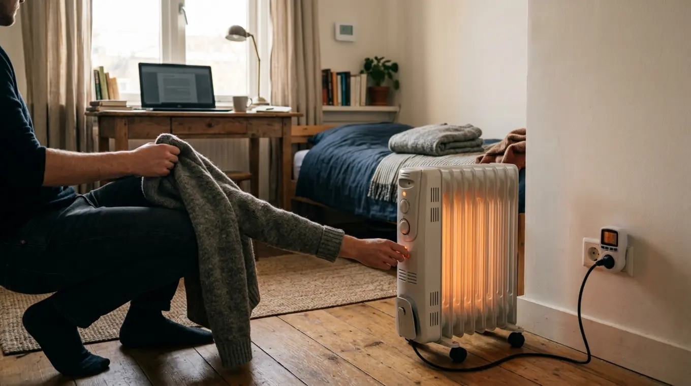 Horizontale, realistische foto van een kleine slaapkamer/werkkamer met een elektrische kachel op de vloer; een onscherp kWh‑meetapparaat in het stopcontact en een persoon deels uit