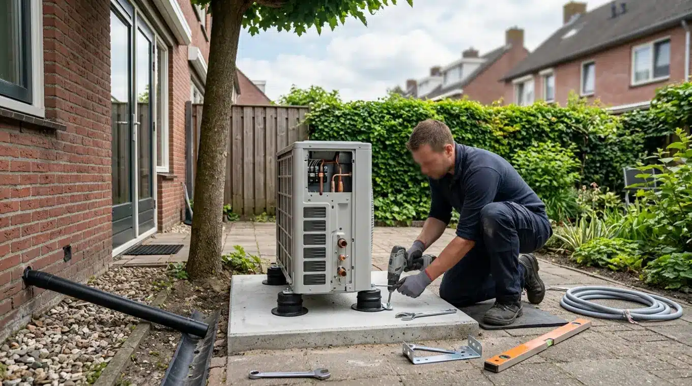 Monteur plaatst in een achtertuin een split-airco buitenunit op een betonnen fundatie met zwarte trillingsdempers; condensafvoer en losse kabels zichtbaar, achtergrond met wazige h
