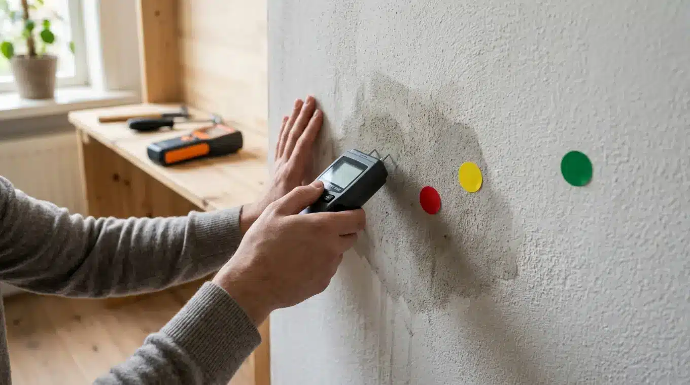 Horizontale foto van iemand die met een penvochtmeter een vochtplek op een muur meet; drie gekleurde markers geven meetpunten aan, een pinloze meter ligt onscherp op de achtergrond