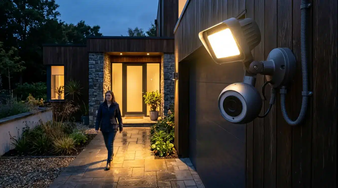 Avondfoto van een buitenlamp met ingebouwde beveiligingscamera en verstelbare arm aan een gevel; fel floodlight verlicht een oprit en toont een persoon in kleur, met zichtbare mont